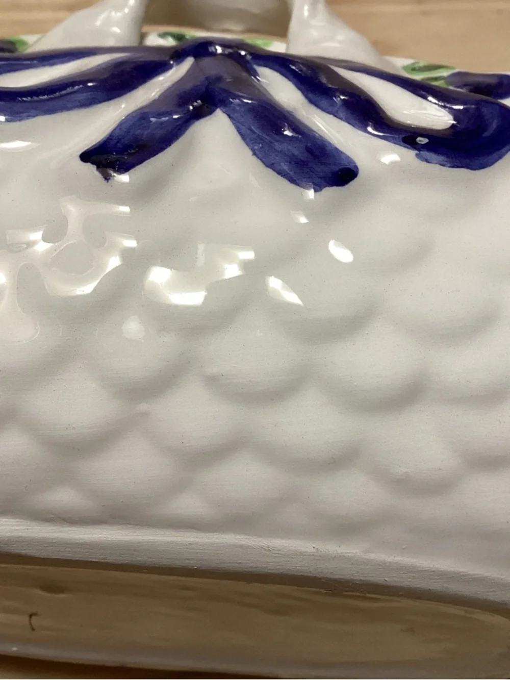 Vintage Hand-Painted White Ceramic‎ Basket with Blue Bow and Floral Accents